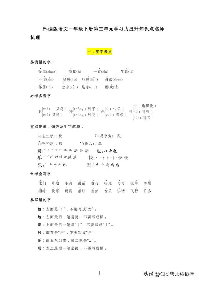 統(tǒng)編語文一年級下冊，第三單元知識點梳理（統(tǒng)編語文一年級下冊）