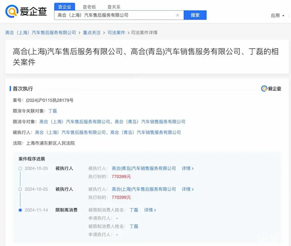 高合汽車創(chuàng)始人丁磊被限高消費(fèi)：涉案公司強(qiáng)執(zhí)金額超77萬(wàn)元
